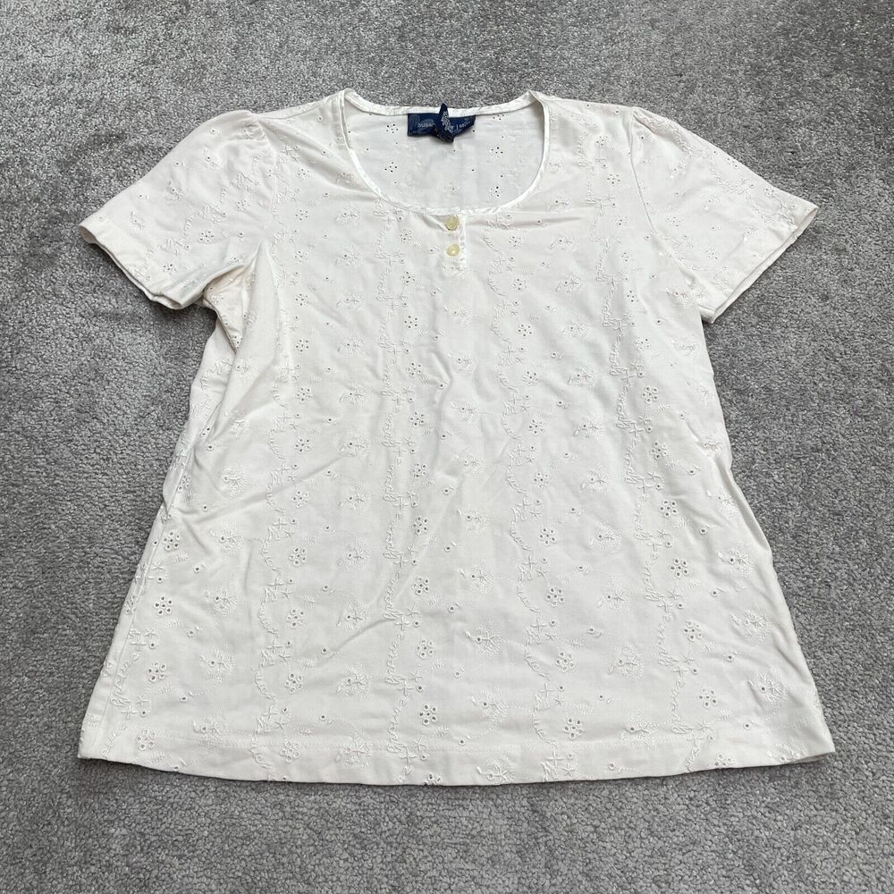 Susan Graver Eyelet Embroidered Blouse Women Small Off White Henley Short Sleeve